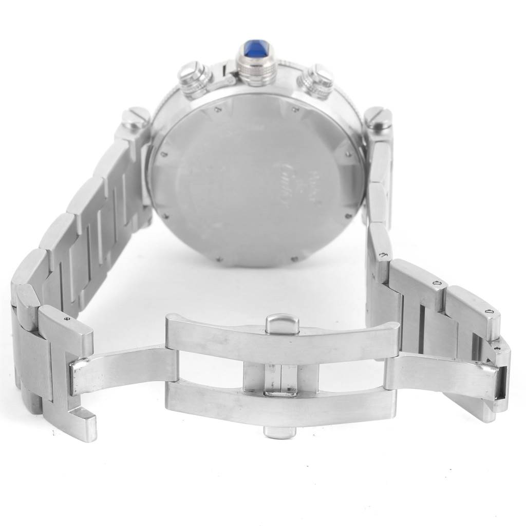 The image shows the back view of a Cartier Pasha W31089M7 Men
s Stainless Steel Silver Dial W31089M7 Men
s Stainless Steel Silver Dial watch, focusing on its case back and partially opened metal bracelet clasp.