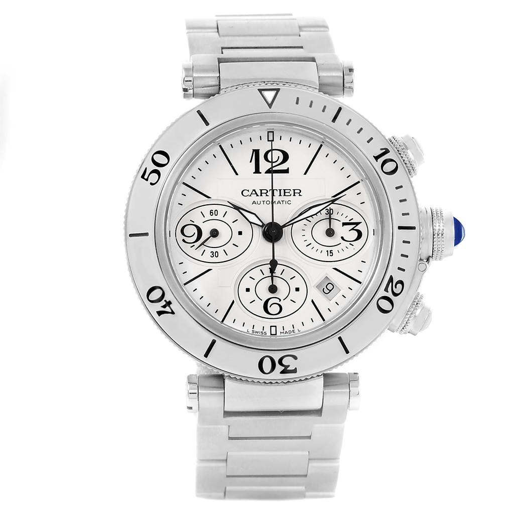 The Cartier Pasha W31089M7 Men
s Stainless Steel Silver Dial W31089M7 Men
s Stainless Steel Silver Dial watch is shown from a front angle, displaying its face, bezel, chronograph subdials, and bracelet.