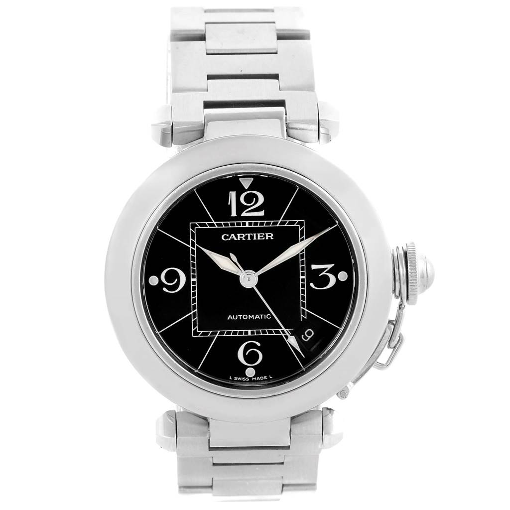 The image shows a front view of the Cartier Pasha W31076M7 Stainless Steel Black Dial W31076M7 Stainless Steel Black Dial watch, highlighting its black dial, crown, and stainless steel bracelet.