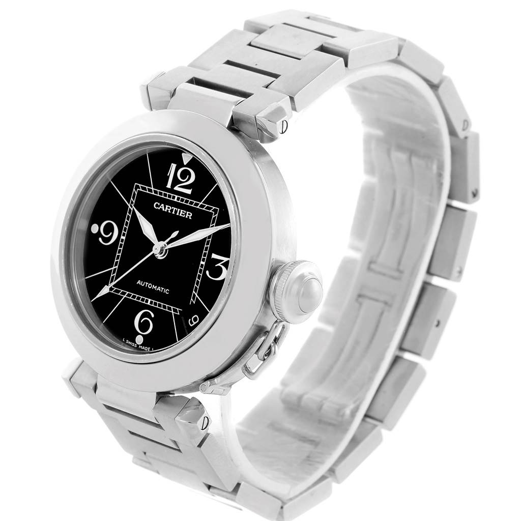 This image shows the Cartier Pasha W31076M7 Stainless Steel Black Dial W31076M7 Stainless Steel Black Dial watch from a front-side angle, highlighting its face, dial, and metallic strap.