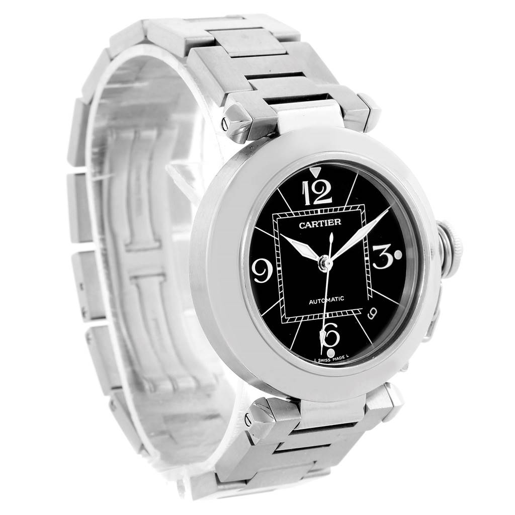 The image shows a Cartier Pasha W31076M7 Stainless Steel Black Dial W31076M7 Stainless Steel Black Dial watch angled to display its face, bezel, crown, and part of the bracelet.