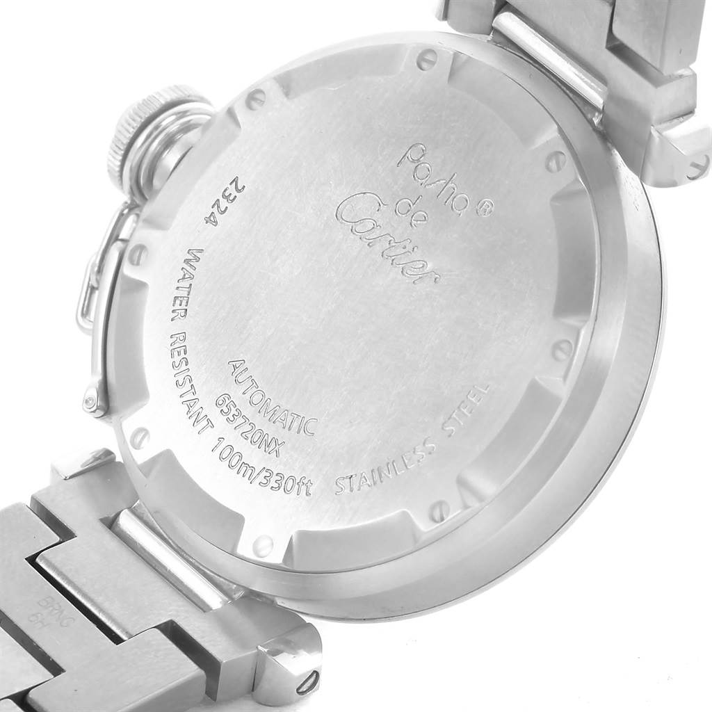 The image shows the back view of a Cartier Pasha W31076M7 Stainless Steel Black Dial W31076M7 Stainless Steel Black Dial watch, highlighting the case back and part of the metal bracelet.