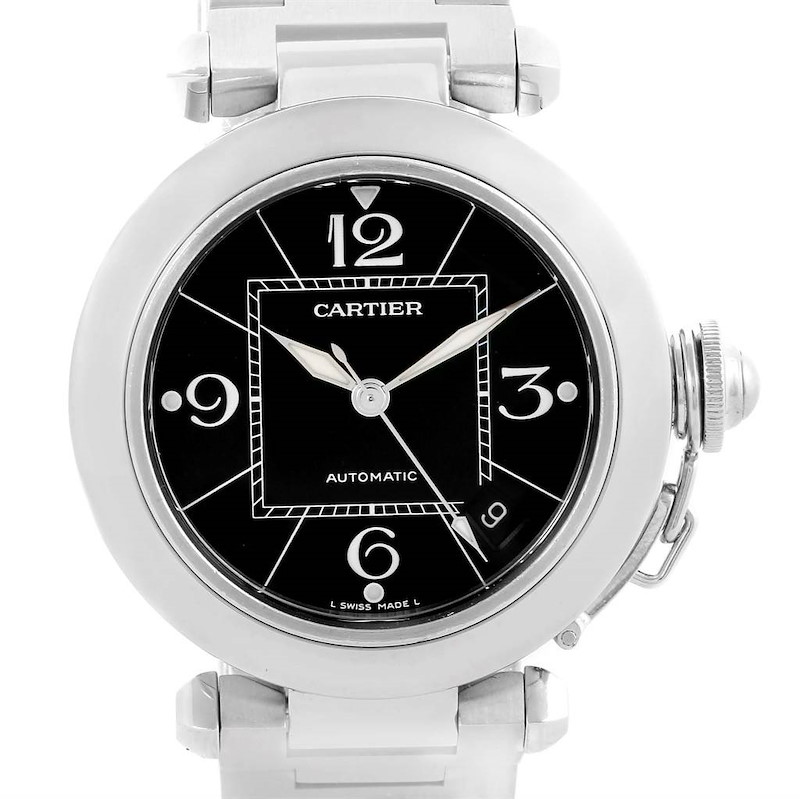 Cartier Pasha C Medium Black Dial Stainless Steel Date Watch W31076M7 SwissWatchExpo