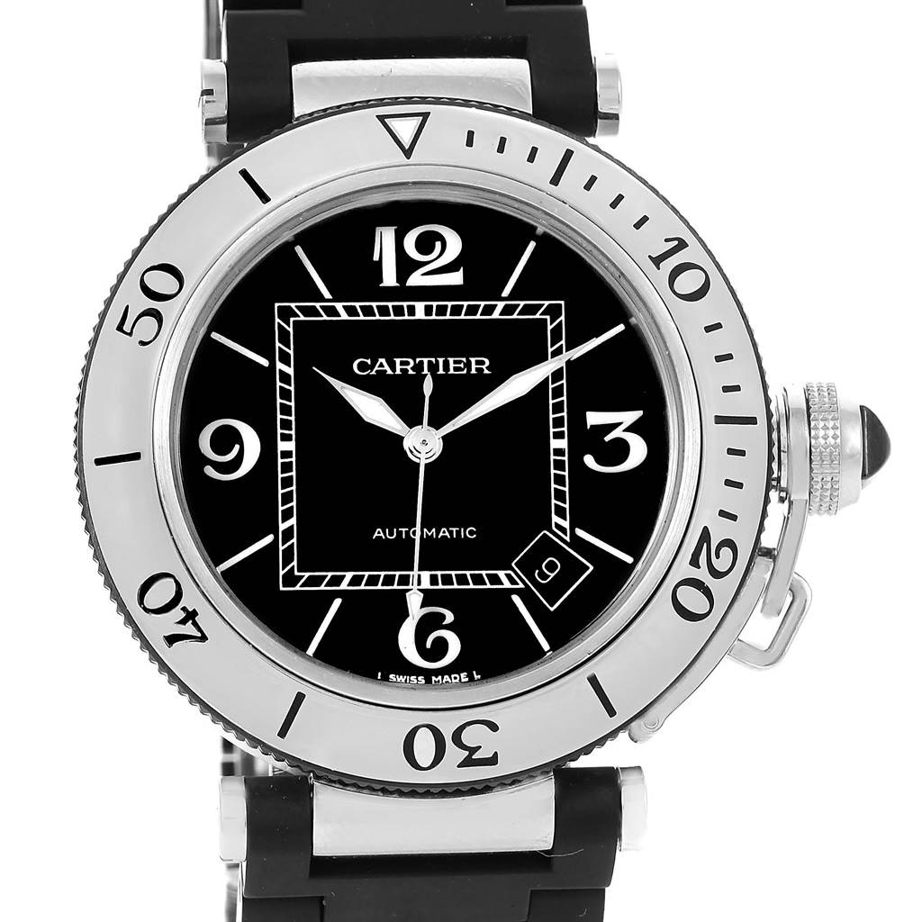 The image shows a front view of the Cartier Pasha W31077U2 Men's Stainless Steel Black Dial W31077U2 Men's Stainless Steel Black Dial model watch, highlighting its dial, bezel, and crown.