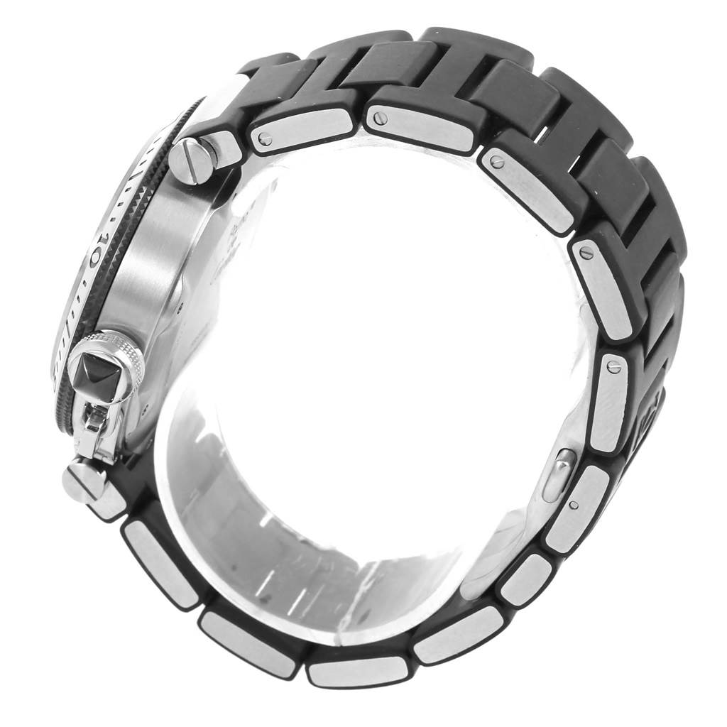 The image shows the side profile of a Cartier Pasha W31077U2 Men's Stainless Steel Black Dial W31077U2 Men's Stainless Steel Black Dial watch, highlighting its crown, bezel, and black metal bracelet.