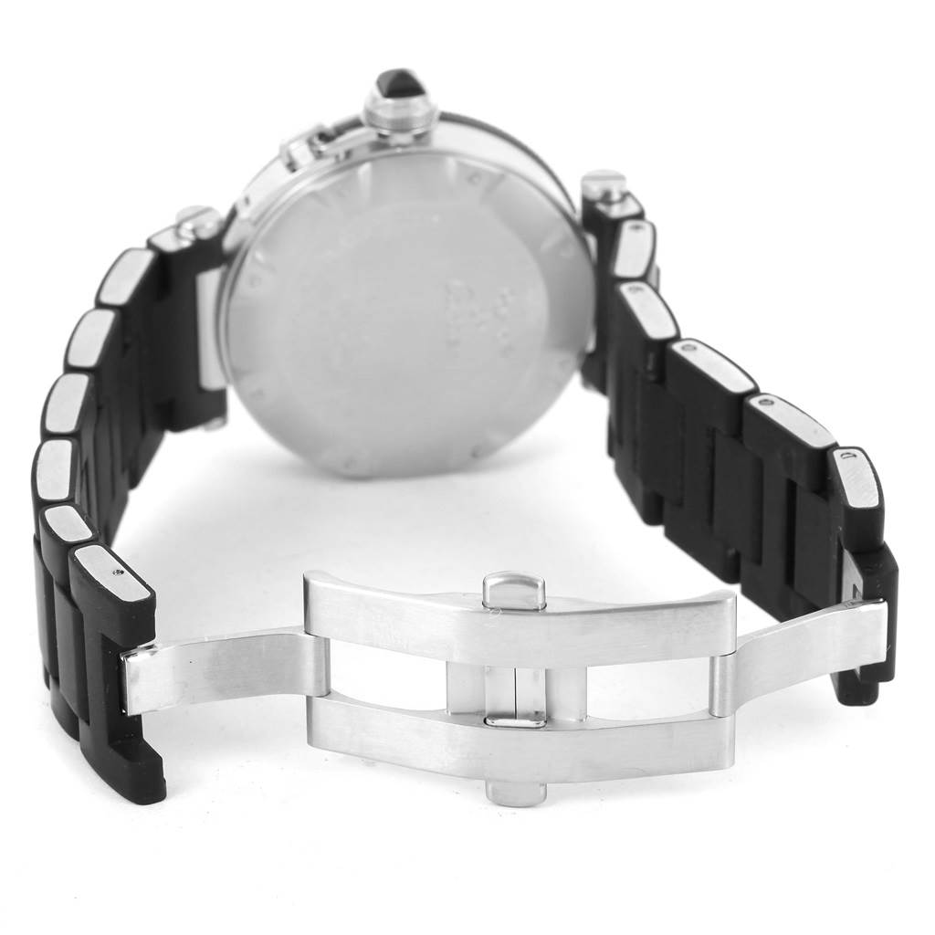 The image shows the back case and clasp of the Cartier Pasha W31077U2 Men's Stainless Steel Black Dial W31077U2 Men's Stainless Steel Black Dial model with the watch band spread open.