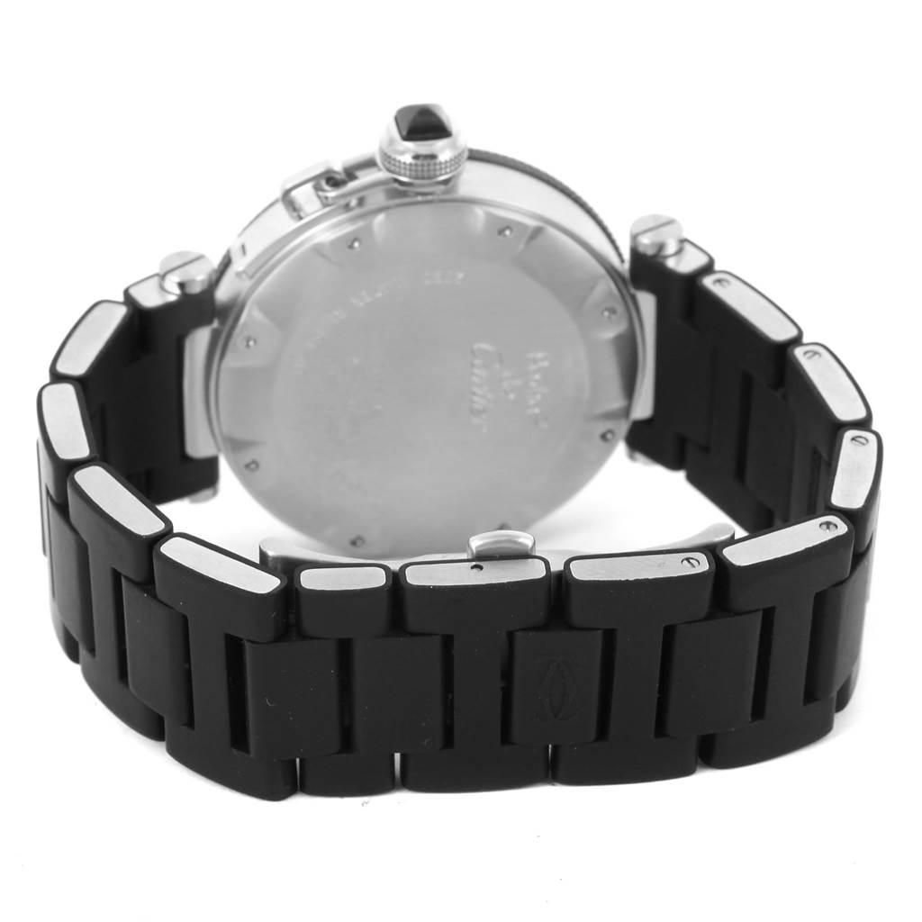 The image shows the back view of a Cartier Pasha W31077U2 Men's Stainless Steel Black Dial W31077U2 Men's Stainless Steel Black Dial watch, including the stainless steel case and the black link bracelet.