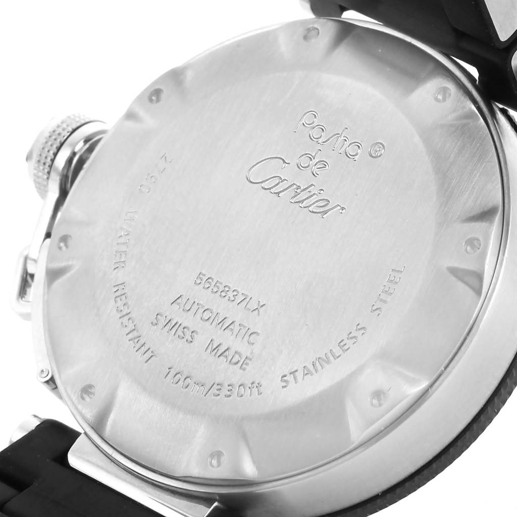 This image shows the back case of a Cartier Pasha W31077U2 Men's Stainless Steel Black Dial W31077U2 Men's Stainless Steel Black Dial watch, displaying engravings and part of the strap.