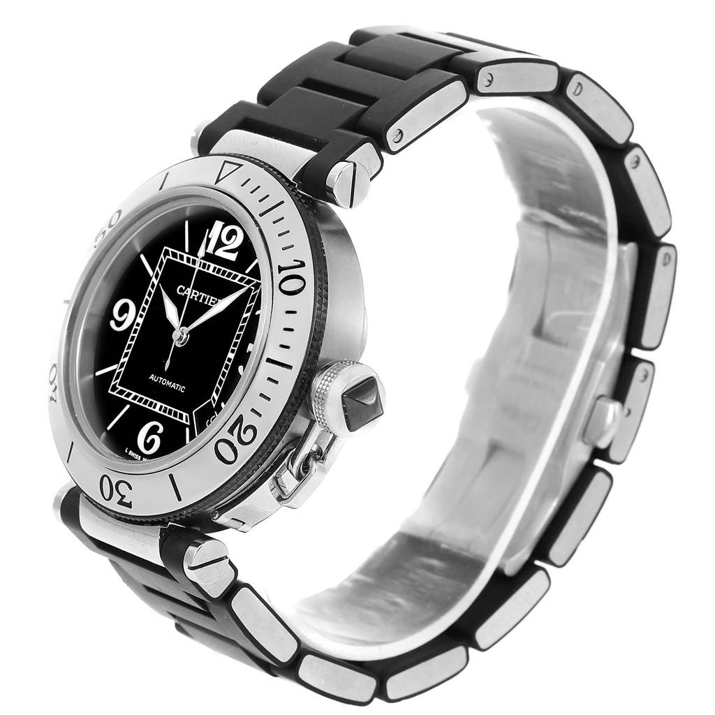 The Cartier Pasha W31077U2 Men's Stainless Steel Black Dial W31077U2 Men's Stainless Steel Black Dial watch image shows a side angle displaying the dial, bezel, crown, and part of the bracelet.