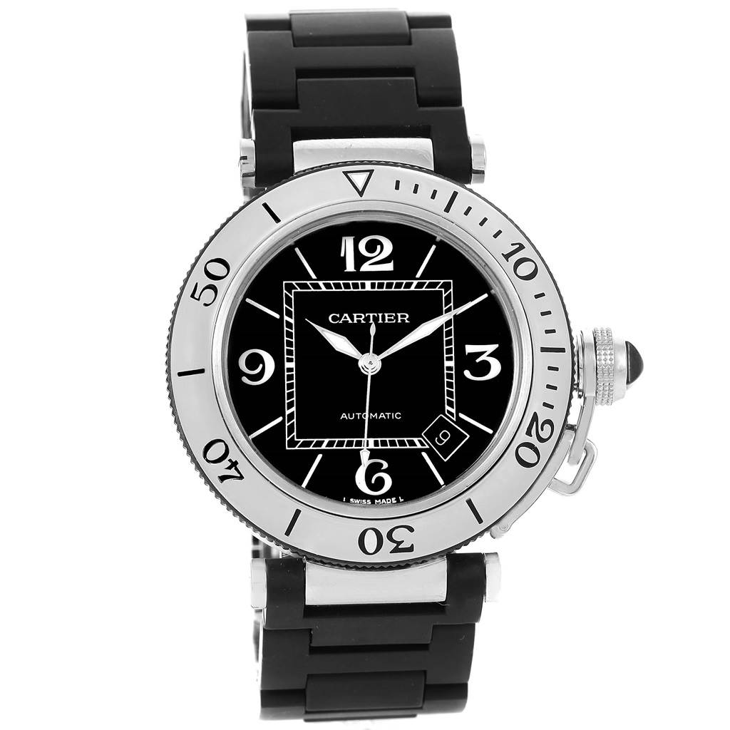 The image shows a front view of the Cartier Pasha W31077U2 Men's Stainless Steel Black Dial W31077U2 Men's Stainless Steel Black Dial model watch, featuring its black dial, bezel, and strap.
