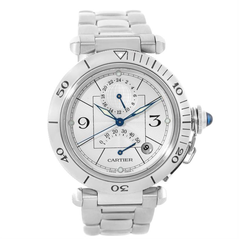 The Cartier Pasha W31037H3 Men's Stainless Steel Silver Dial W31037H3 Men's Stainless Steel Silver Dial watch is shown from a front angle, displaying the dial, bezel, bracelet, and crown.