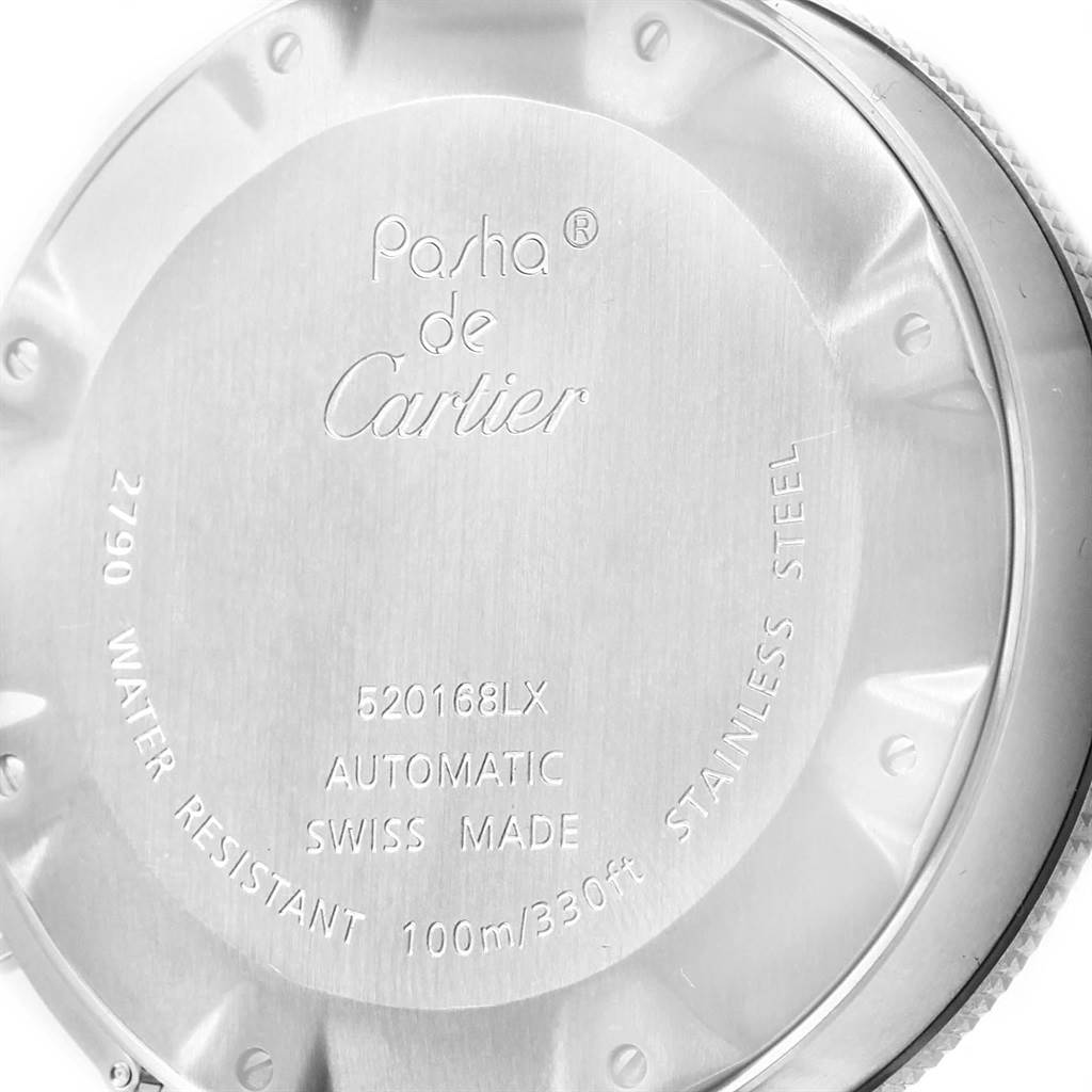 This image shows the back case of a Cartier Pasha W31080M7 Men's Stainless Steel Silver Dial W31080M7 Men's Stainless Steel Silver Dial model watch, displaying the engravings and specifications.