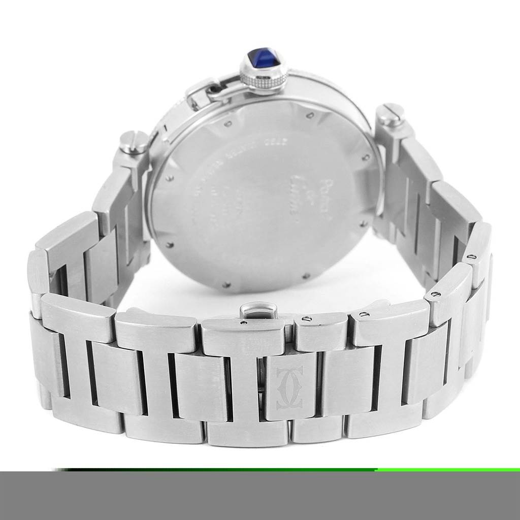 The image shows the back and bracelet of a Cartier Pasha W31080M7 Men's Stainless Steel Silver Dial W31080M7 Men's Stainless Steel Silver Dial watch, highlighting its clasp and case back.