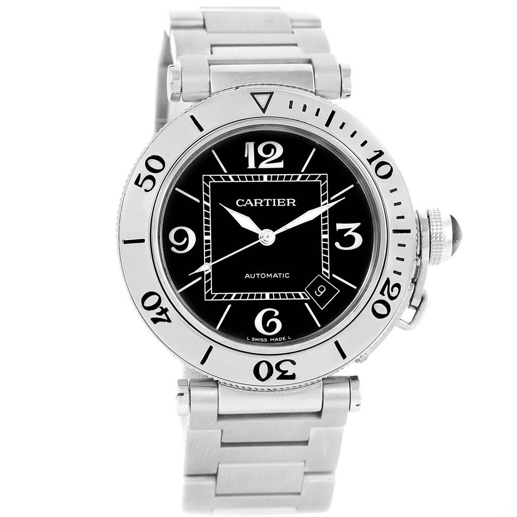 The Cartier Pasha W31077M7 Men
s Stainless Steel Black Dial W31077M7 Men
s Stainless Steel Black Dial watch is shown from a front angle, displaying the face, bezel, and bracelet.