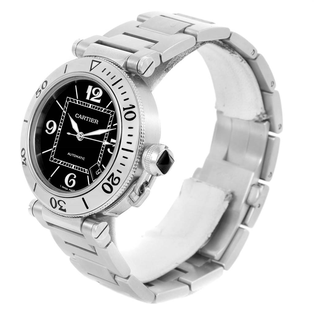 The image shows a Cartier Pasha W31077M7 Men
s Stainless Steel Black Dial W31077M7 Men
s Stainless Steel Black Dial watch angled slightly to the left, displaying the bezel, dial, crown, and bracelet.
