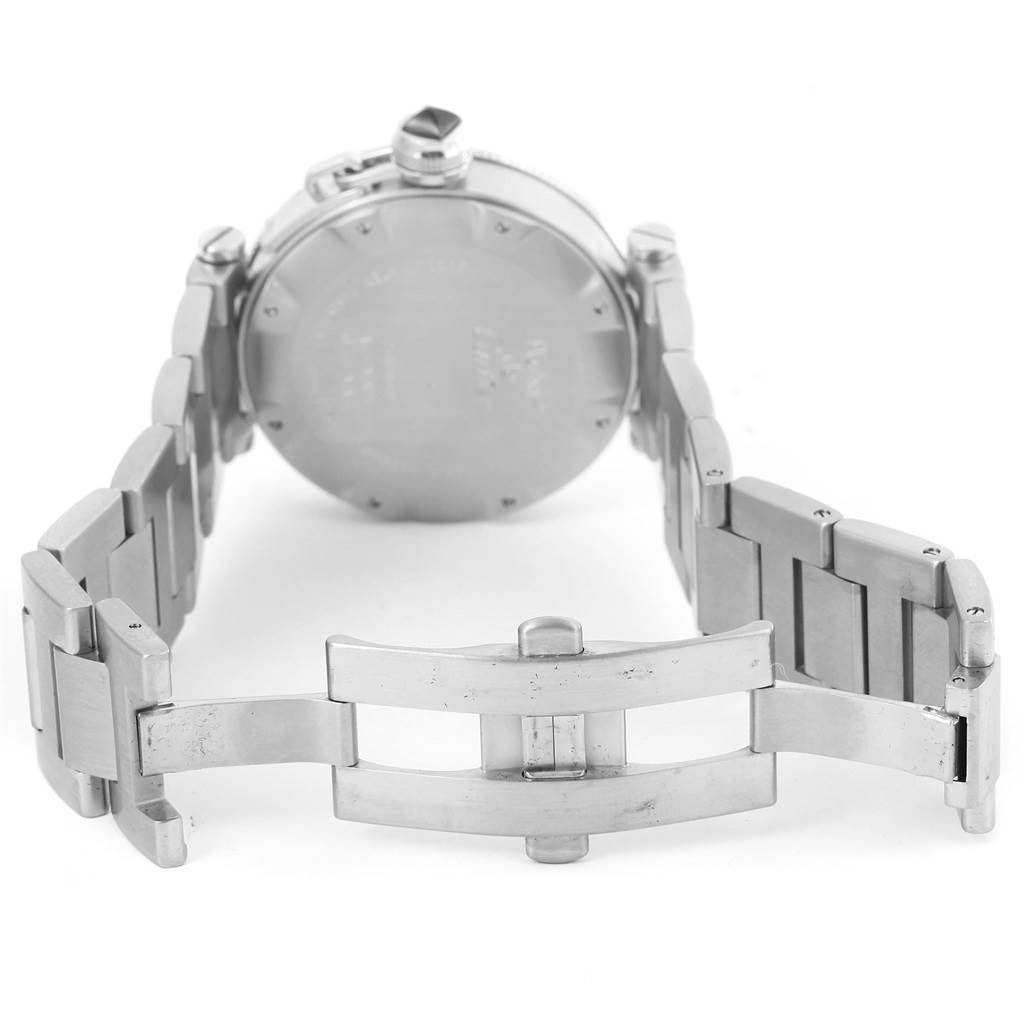 This image shows the open stainless steel bracelet and closed case back of the Cartier Pasha W31077M7 Men
s Stainless Steel Black Dial W31077M7 Men
s Stainless Steel Black Dial watch from a rear angle.