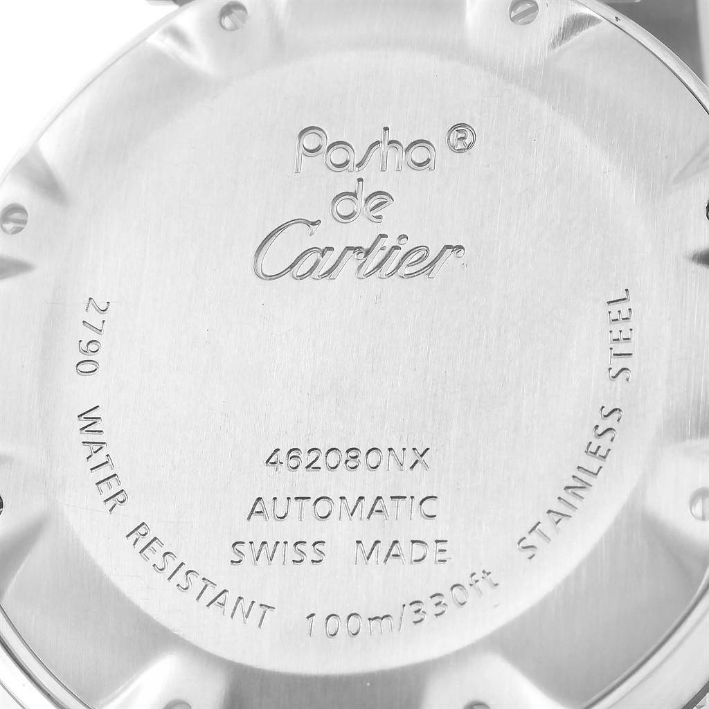 The image shows the back case of a Cartier Pasha W31077M7 Men
s Stainless Steel Black Dial W31077M7 Men
s Stainless Steel Black Dial watch, displaying model information and specifications.