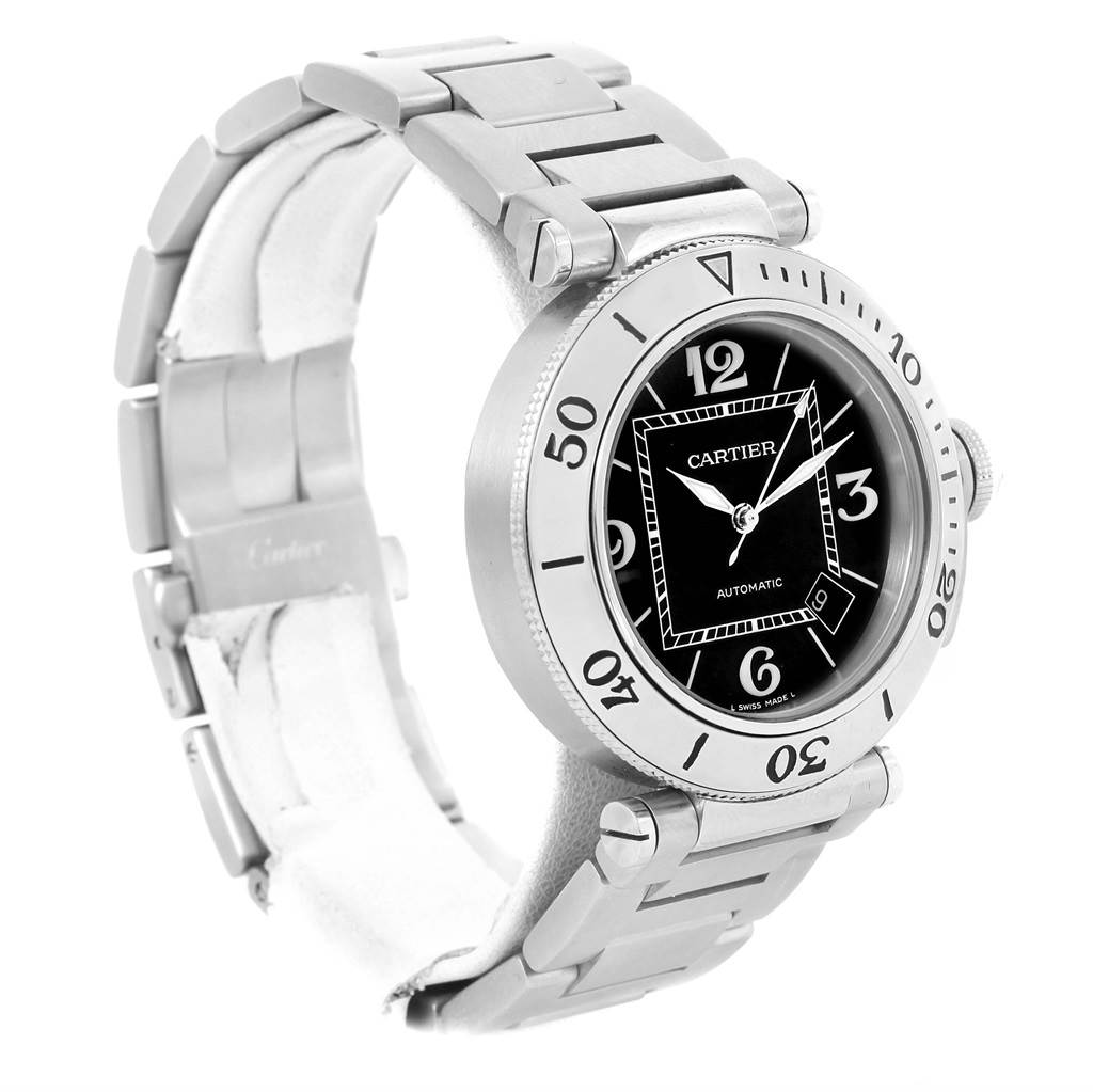 The image shows a Cartier Pasha W31077M7 Men
s Stainless Steel Black Dial W31077M7 Men
s Stainless Steel Black Dial model watch from a left side angle, highlighting its face, bezel, and metal strap.