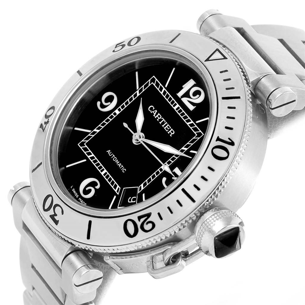 The image shows a close-up, angled view of the Cartier Pasha W31077M7 Men
s Stainless Steel Black Dial W31077M7 Men
s Stainless Steel Black Dial watch, highlighting its bezel, dial, and part of the bracelet.