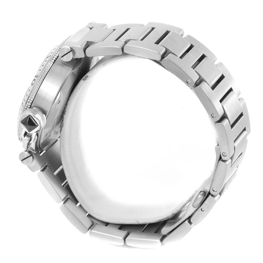 The Cartier Pasha W31077M7 Men
s Stainless Steel Black Dial W31077M7 Men
s Stainless Steel Black Dial watch is shown from a side angle, highlighting its stainless steel bracelet and crown.