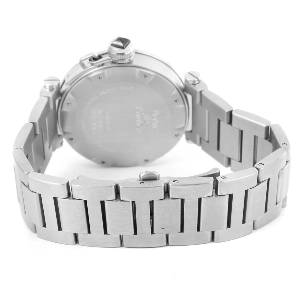 The image shows the back view of a Cartier Pasha W31077M7 Men
s Stainless Steel Black Dial W31077M7 Men
s Stainless Steel Black Dial watch, highlighting the case back and metal bracelet.