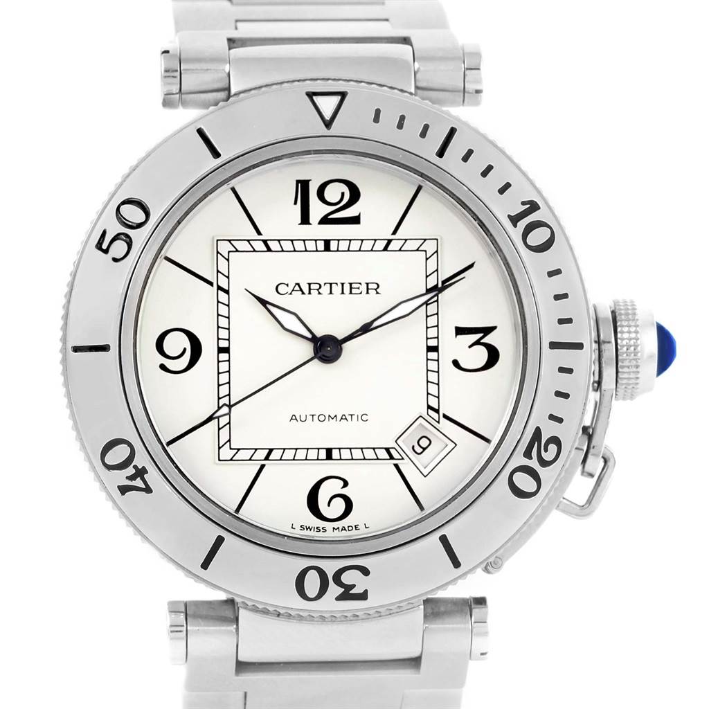 The Cartier Pasha W31080M7 Men
s Stainless Steel Silver Dial W31080M7 Men
s Stainless Steel Silver Dial watch is shown from a front angle, displaying the dial, hands, bezel, and part of the bracelet.