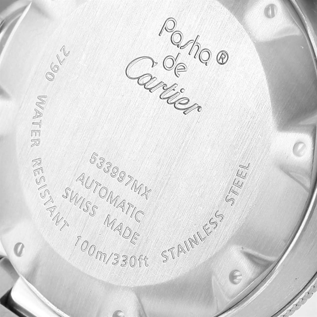 This close-up image shows the back case of a Cartier Pasha W31080M7 Men
s Stainless Steel Silver Dial W31080M7 Men
s Stainless Steel Silver Dial watch, highlighting its engravings and water resistance information.