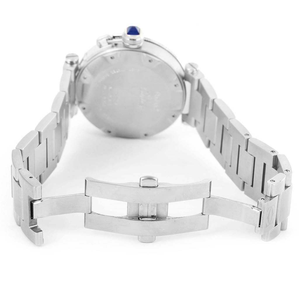 This image shows the back and open metal strap of a Cartier Pasha W31080M7 Men
s Stainless Steel Silver Dial W31080M7 Men
s Stainless Steel Silver Dial watch, highlighting the clasp and caseback.