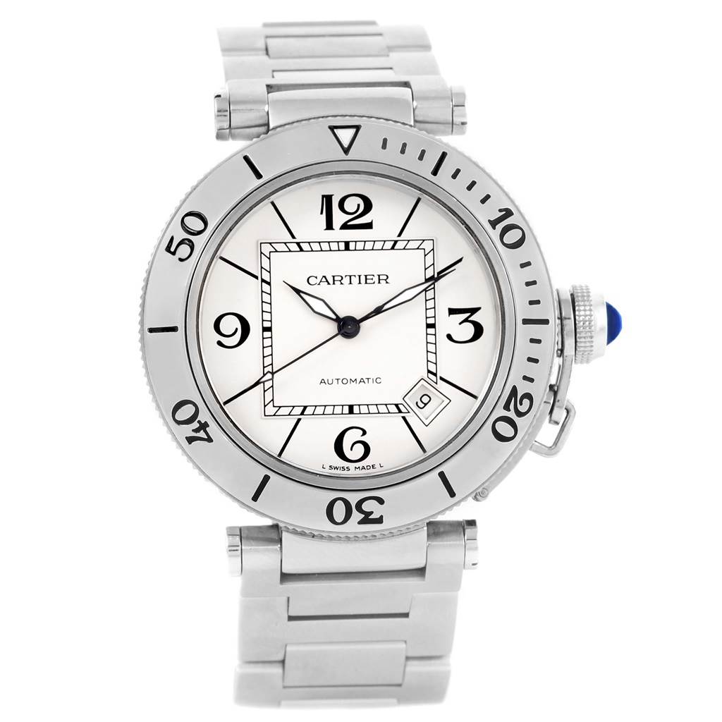 The image shows a frontal view of the Cartier Pasha W31080M7 Men
s Stainless Steel Silver Dial W31080M7 Men
s Stainless Steel Silver Dial model watch, displaying its face, bezel, and metal strap.