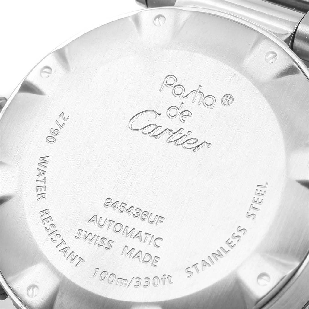 The image shows the back cover of the Cartier Pasha W31080M7 Men
s Stainless Steel Silver Dial W31080M7 Men
s Stainless Steel Silver Dial watch, highlighting its branding and specifications.