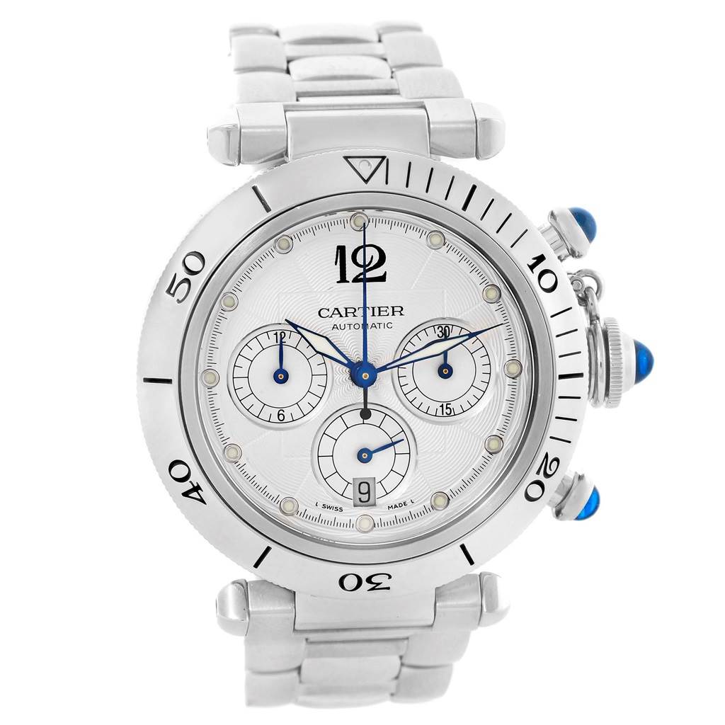 The image shows a front view of a Cartier Pasha W31030H3 Men
s Stainless Steel Silver Dial W31030H3 Men
s Stainless Steel Silver Dial model watch, highlighting its dial, bracelet, and crown with blue accents.