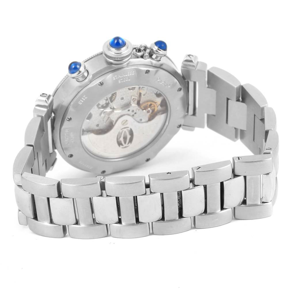 The Cartier Pasha W31030H3 Men
s Stainless Steel Silver Dial W31030H3 Men
s Stainless Steel Silver Dial watch is shown from the back, highlighting the stainless steel bracelet and transparent case back.