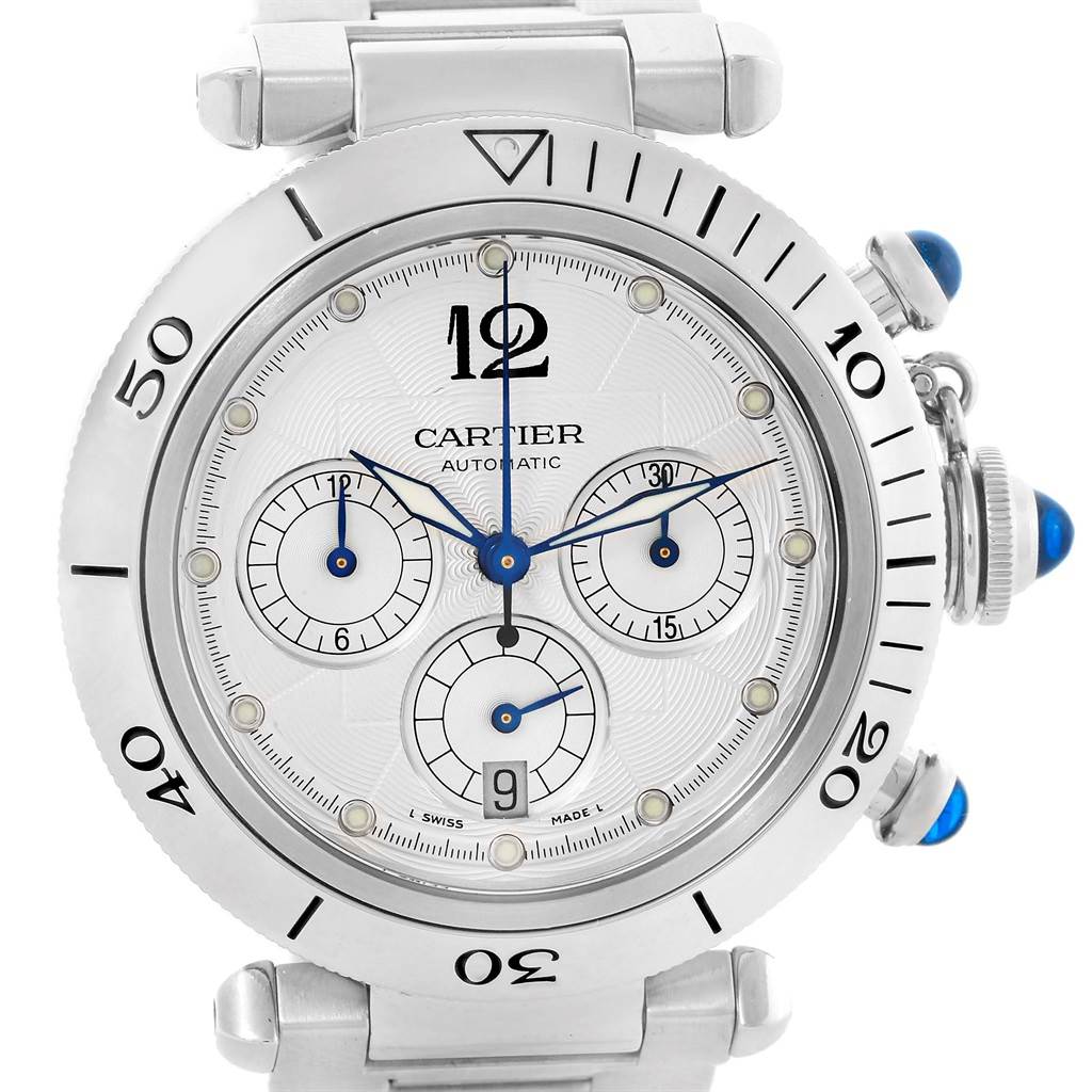 This Cartier Pasha W31030H3 Men
s Stainless Steel Silver Dial W31030H3 Men
s Stainless Steel Silver Dial watch is shown from a front angle, displaying the face, bezel, chronograph dials, and crown.