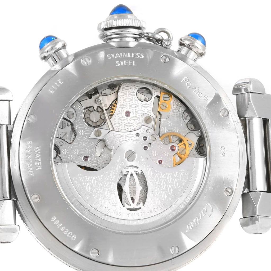 This image shows the back view of the Cartier Pasha W31030H3 Men
s Stainless Steel Silver Dial W31030H3 Men
s Stainless Steel Silver Dial watch, highlighting its movement and internal mechanisms.