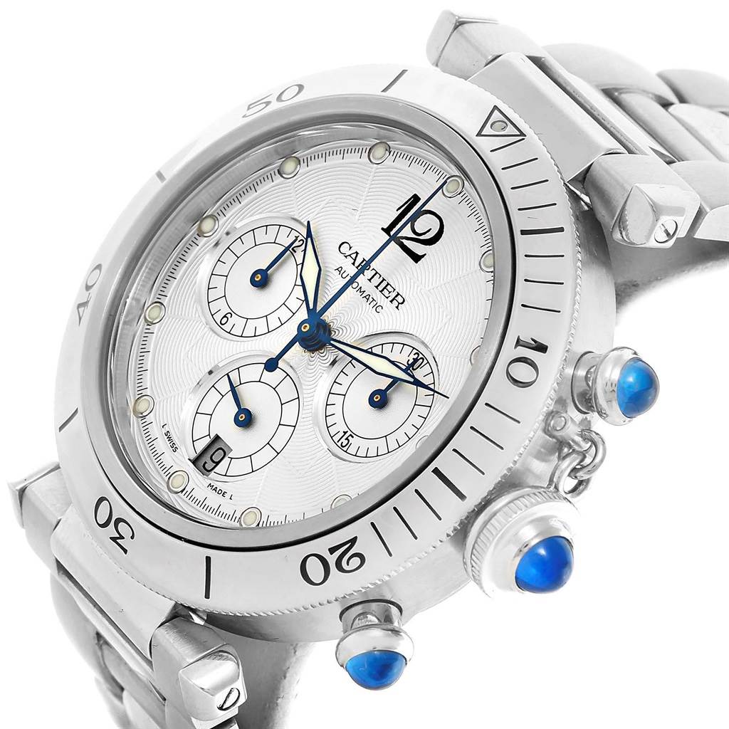 The image shows a close-up, front-facing angle of a Cartier Pasha W31030H3 Men
s Stainless Steel Silver Dial W31030H3 Men
s Stainless Steel Silver Dial watch, highlighting its bezel, dial, and crown.