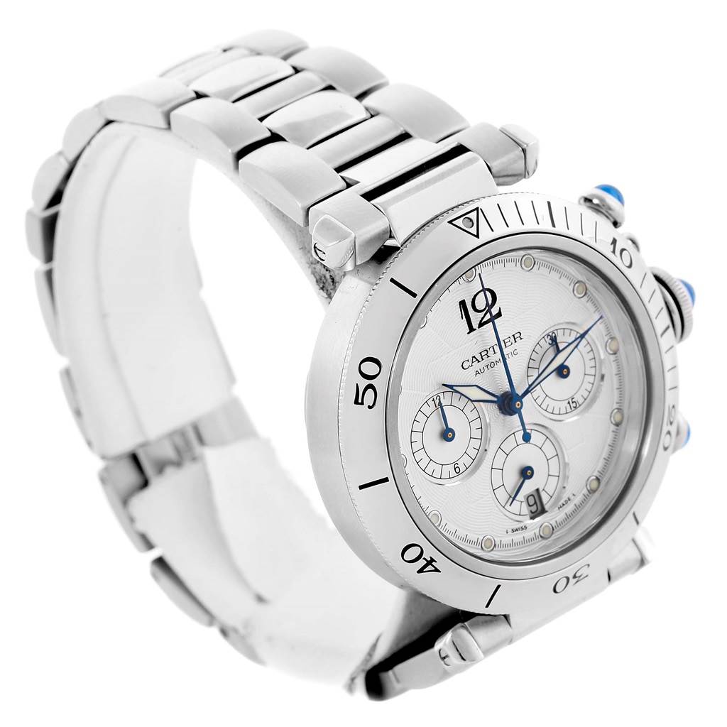 The image shows a Cartier Pasha W31030H3 Men
s Stainless Steel Silver Dial W31030H3 Men
s Stainless Steel Silver Dial model watch angled to display its face and part of its metal bracelet.