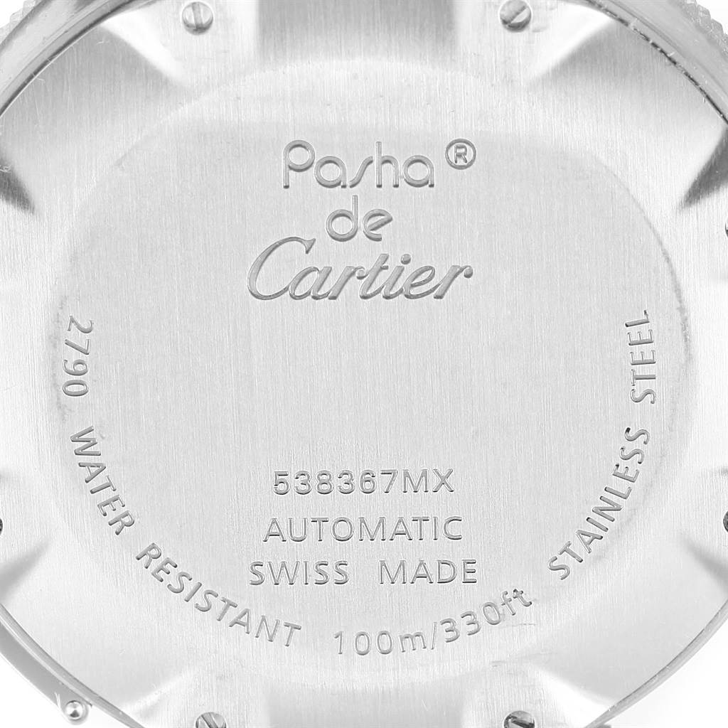 This image shows the back cover of the Cartier Pasha W31080M7 Men
s Stainless Steel Silver Dial W31080M7 Men
s Stainless Steel Silver Dial watch, highlighting its engravings and specifications.