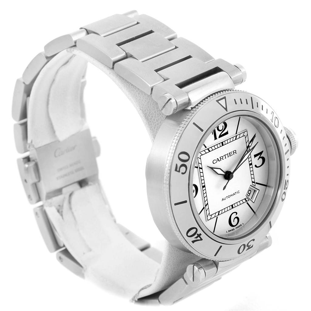 The image shows a Cartier Pasha W31080M7 Men
s Stainless Steel Silver Dial W31080M7 Men
s Stainless Steel Silver Dial watch at a three-quarter angle, highlighting the face, bezel, and part of the metal bracelet.