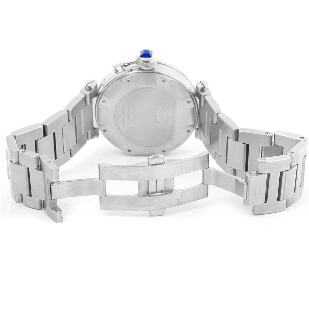 The Cartier Pasha W31080M7 Men
s Stainless Steel Silver Dial W31080M7 Men
s Stainless Steel Silver Dial watch is shown from the back, featuring the backside of the case and an open metal bracelet.