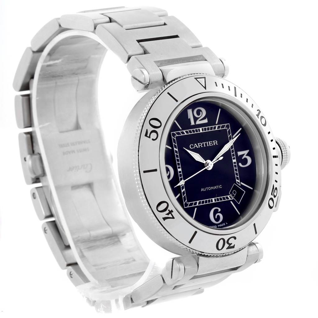 The Cartier Pasha W31077M7 Men's Stainless Steel Black Dial W31077M7 Men's Stainless Steel Black Dial watch is shown at a three-quarter angle, highlighting its dial, bezel, and bracelet.