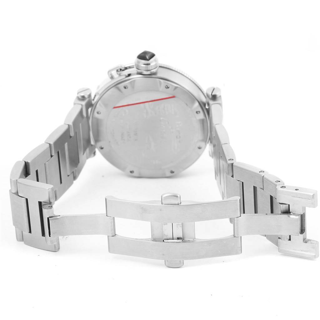 This image shows the rear of a Cartier Pasha W31077M7 Men's Stainless Steel Black Dial W31077M7 Men's Stainless Steel Black Dial watch, focusing on the case back, bracelet, and deployment clasp opened.
