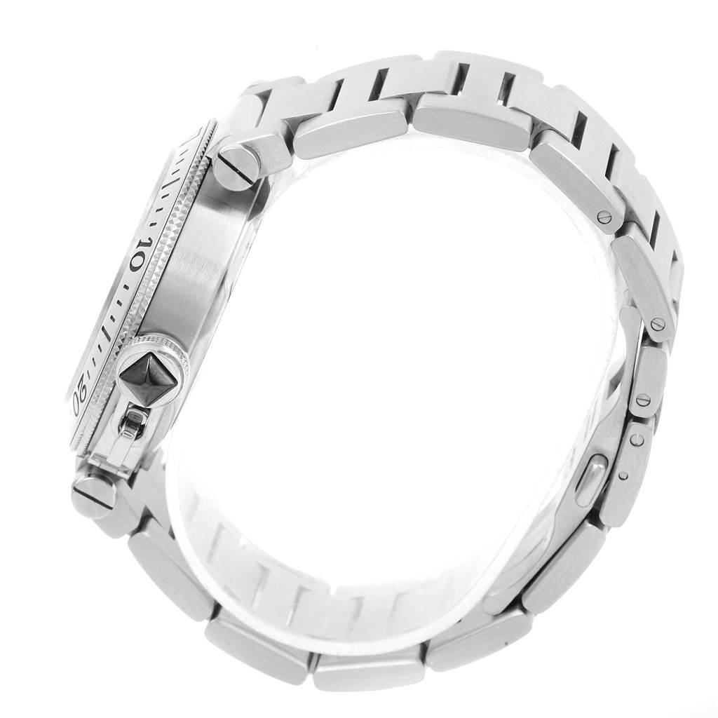 The image shows a side view of a Cartier Pasha W31077M7 Men's Stainless Steel Black Dial W31077M7 Men's Stainless Steel Black Dial watch, highlighting the bracelet and crown.