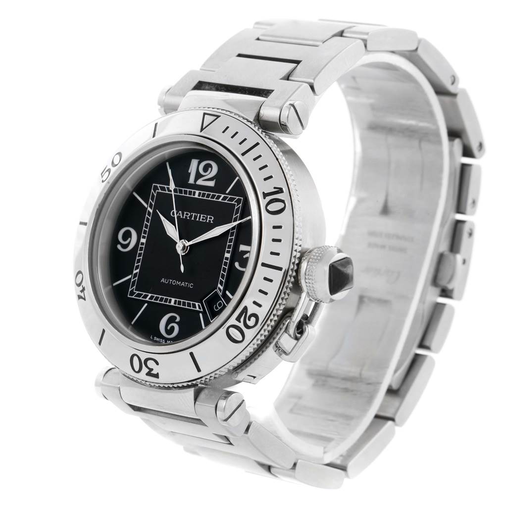 The Cartier Pasha W31077M7 Men's Stainless Steel Black Dial W31077M7 Men's Stainless Steel Black Dial watch is shown at a slight angle from the side, displaying its dial, bezel, crown, and bracelet.