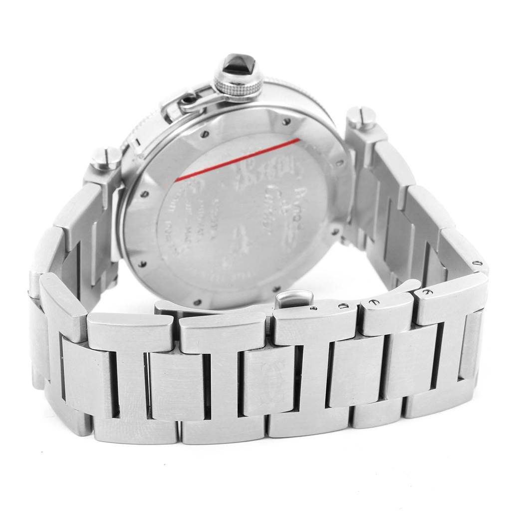 This image shows the back and bracelet of a Cartier Pasha W31077M7 Men's Stainless Steel Black Dial W31077M7 Men's Stainless Steel Black Dial watch from a rear angle.