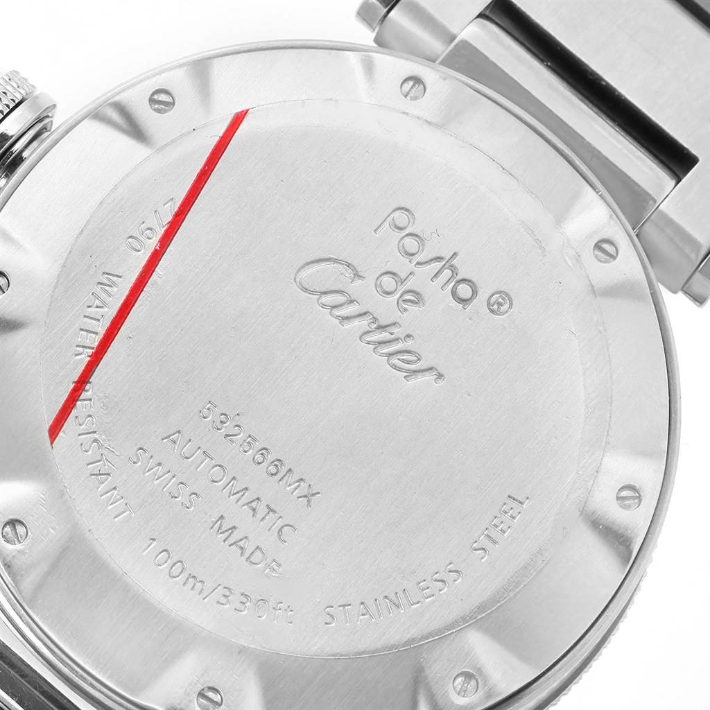 The image shows the back casing of a Cartier Pasha W31077M7 Men's Stainless Steel Black Dial W31077M7 Men's Stainless Steel Black Dial watch, detailing its model information and specifications.