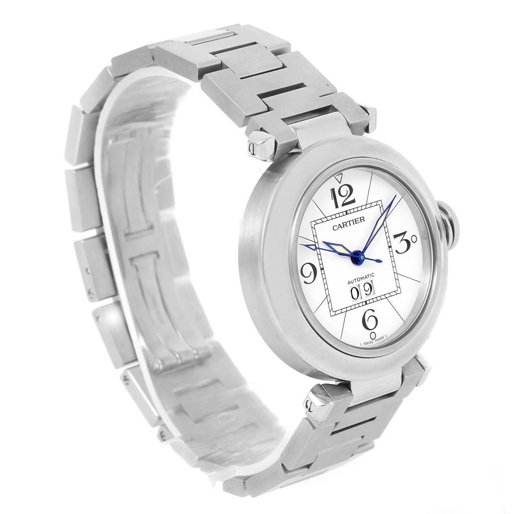 The Cartier Pasha W31055M7 Stainless Steel White Dial W31055M7 Stainless Steel White Dial watch is shown at an angled view displaying its dial and metal bracelet.