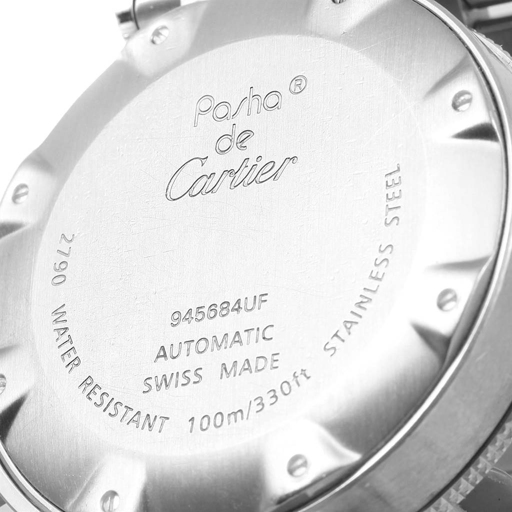 The image shows the back casing of the Pasha de Cartier watch, highlighting the brand name and model details.