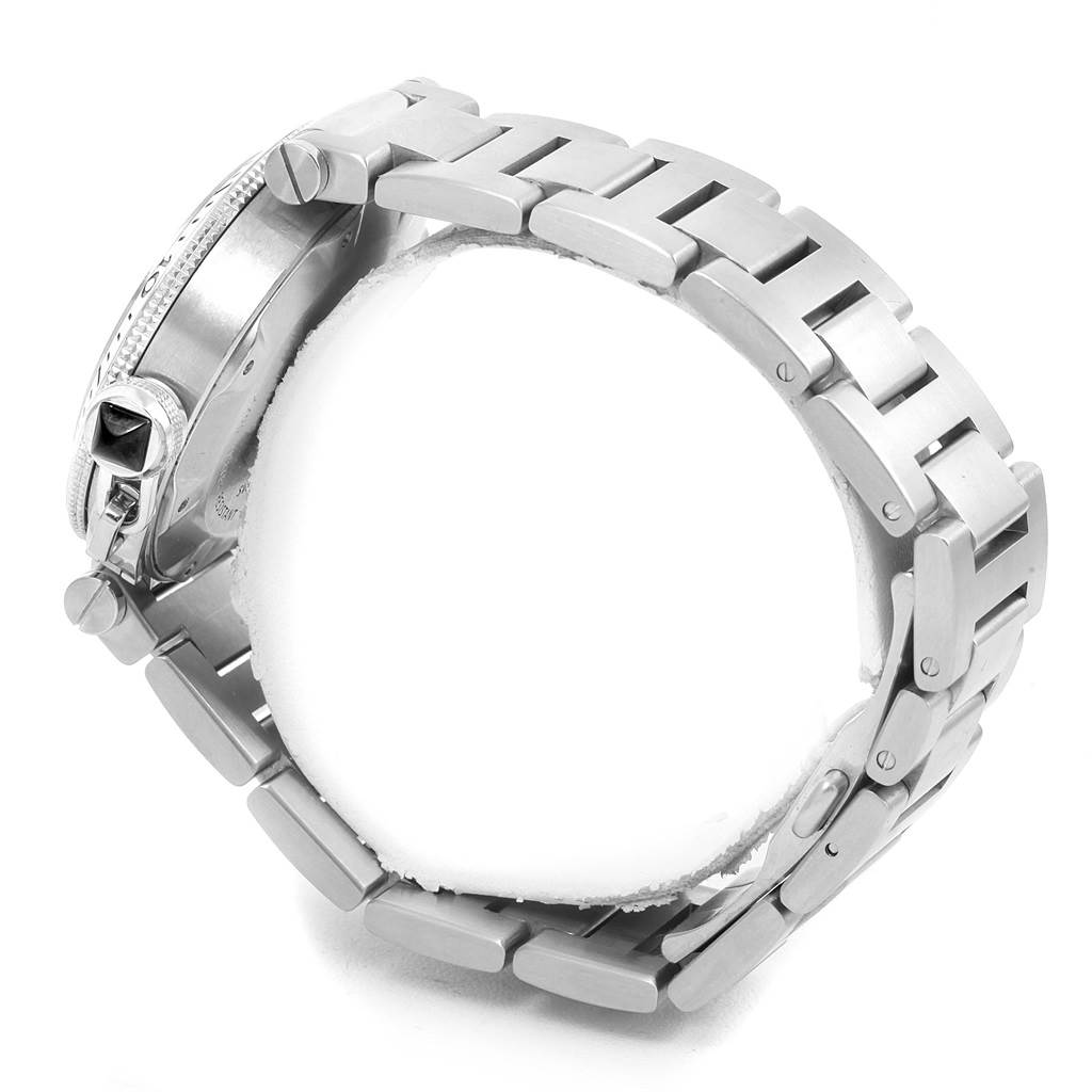 The image shows a side view of the Cartier Pasha W31077M7 Men's Stainless Steel Black Dial W31077M7 Men's Stainless Steel Black Dial watch, focusing on the case, crown, and metal link bracelet.