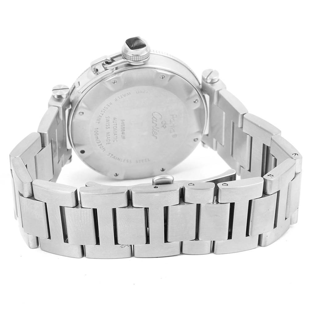 The image shows the back case and stainless steel bracelet of a Cartier Pasha W31077M7 Men's Stainless Steel Black Dial W31077M7 Men's Stainless Steel Black Dial watch from a rear angle.