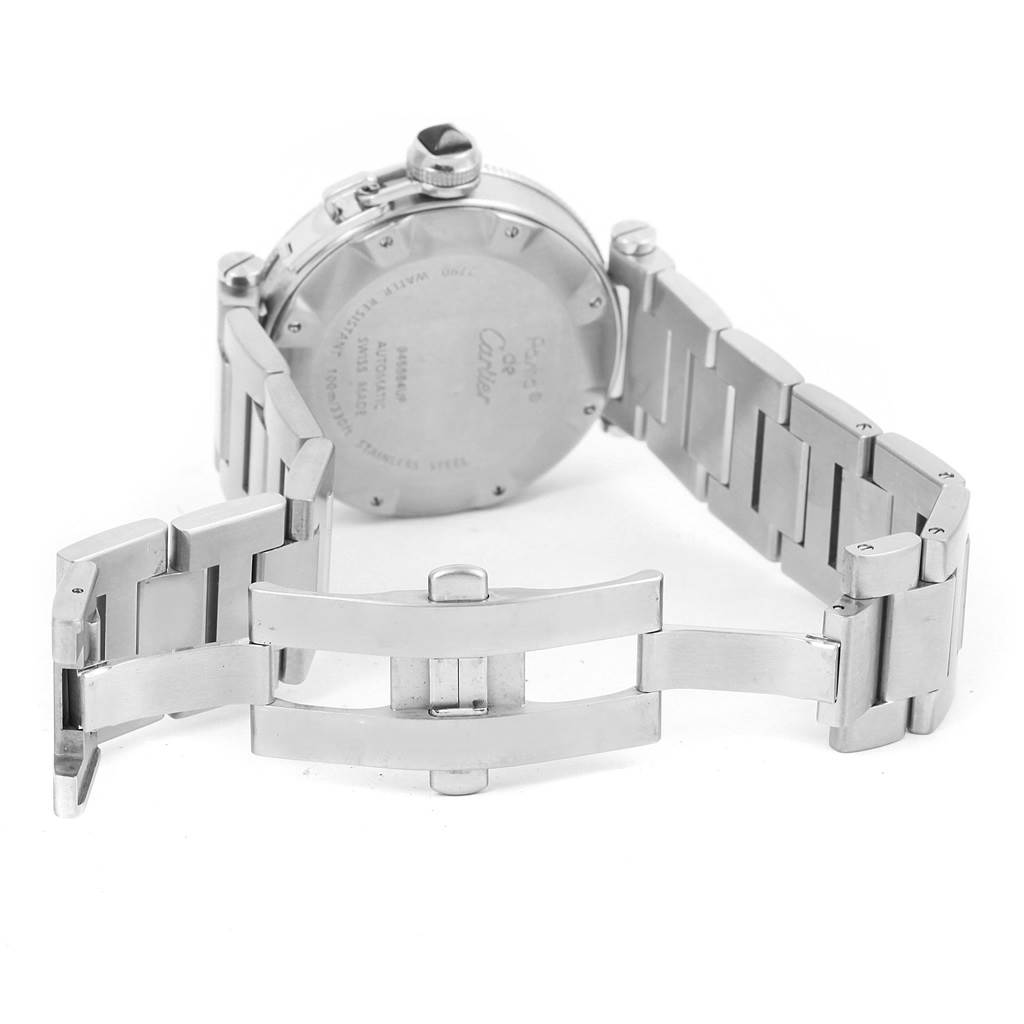 The image shows the back case and unfolded metal bracelet clasp of a Cartier Pasha W31077M7 Men's Stainless Steel Black Dial W31077M7 Men's Stainless Steel Black Dial watch from a rear angle.